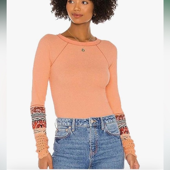 Free People In The Mix Thermal Cuff Tee Rio Orange Long Sleeve Boho Top L - Picture 1 of 15